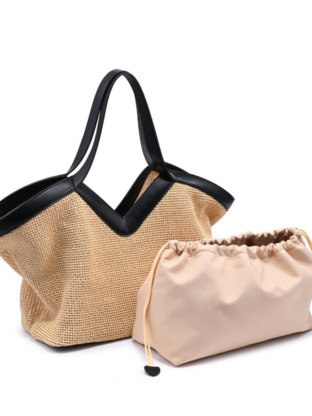 Woven Straw Tote with Black Trim and Pouch - Beige